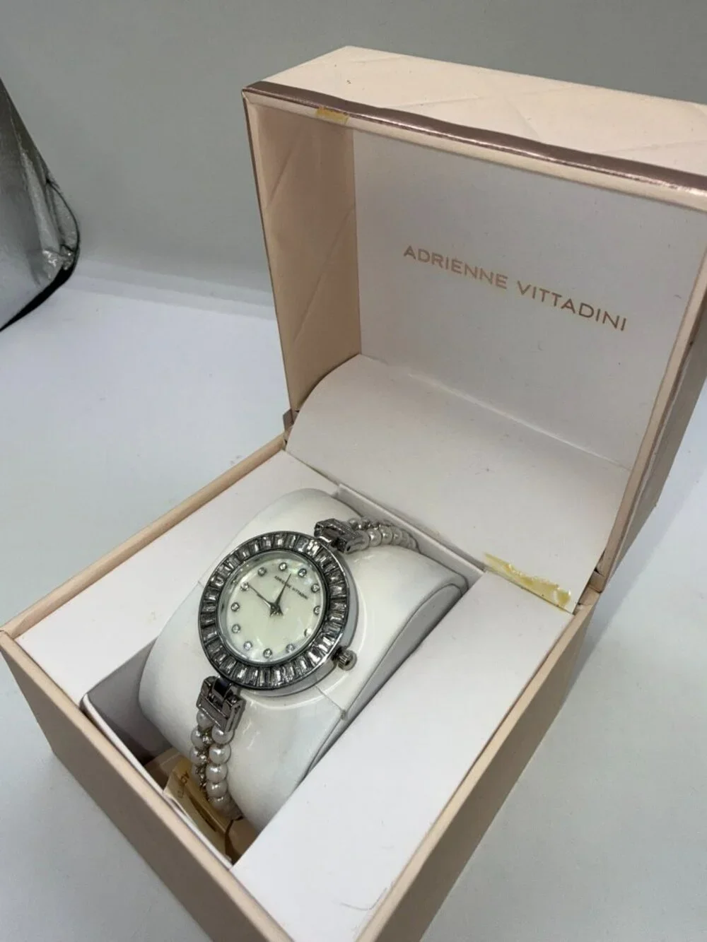 Adrienne Vittadini Women’s Pearl Crystal Watch Silver Tone Box Included